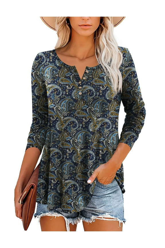 Plus Size Tunic Tops Long Sleeve Casual Floral Printed Henley V Neck Shirts for Women M-4XL