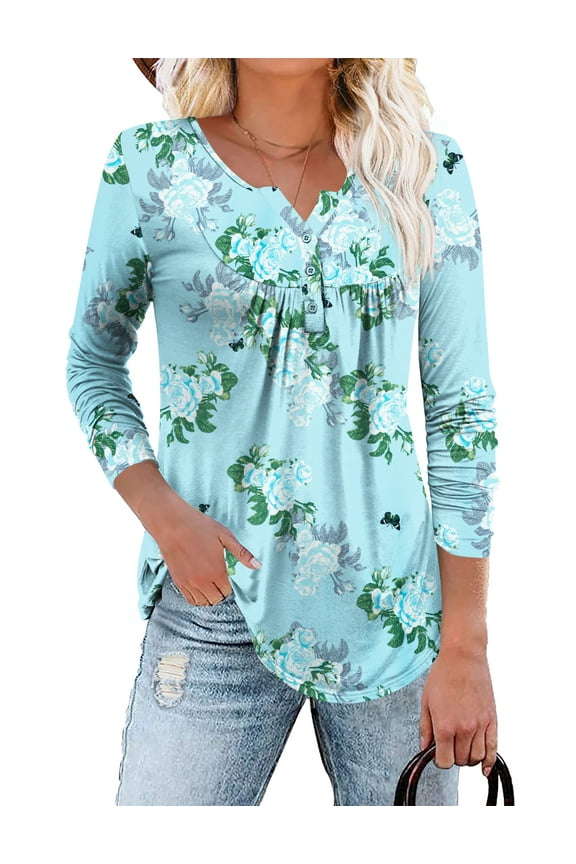 Plus Size Tunic Tops Long Sleeve Casual Solid Henley Shirts for Women M-4XL