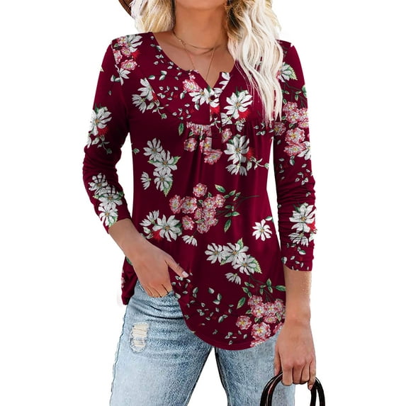 Traleubie Plus Size Tunic Tops Long Sleeve Casual Solid Henley Shirts for Women M-4XL