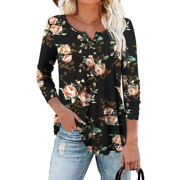 Traleubie Plus Size Tunic Tops Long Sleeve Casual Solid Henley V Neck Shirts for Women M-4XL