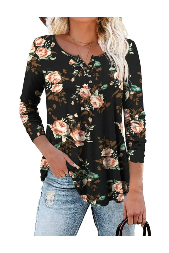 Plus Size Tunic Tops Long Sleeve Casual Solid Henley V Neck Shirts for Women M-4XL