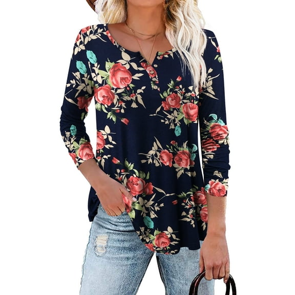 Traleubie Plus Size Tunic Tops Long Sleeve Casual Solid Henley V Neck Shirts for Women M-4XL