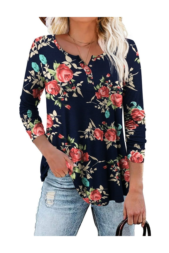 Plus Size Tunic Tops Long Sleeve Casual Solid Henley V Neck Shirts for Women M-4XL