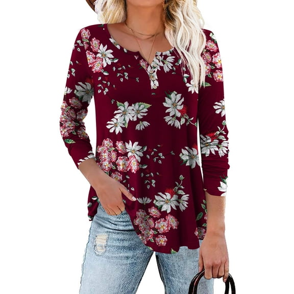 Traleubie Plus Size Tunic Tops Long Sleeve Casual Solid Henley V Neck Shirts for Women M-4XL