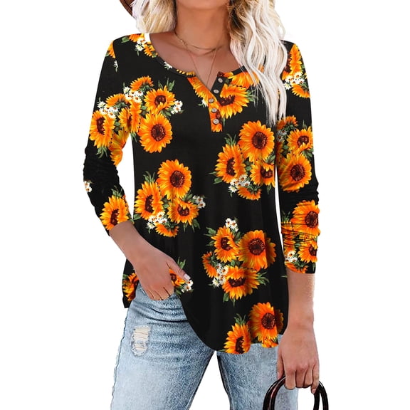 Traleubie Plus Size Tunic Tops Long Sleeve Casual Solid Henley V Neck Shirts for Women M-4XL