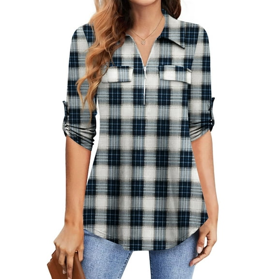 Traleubie Women's 3/4 Sleeve Collared Blouses Business Casual Zip Front V Neck Loose Fit Tunic Tops L-4XL
