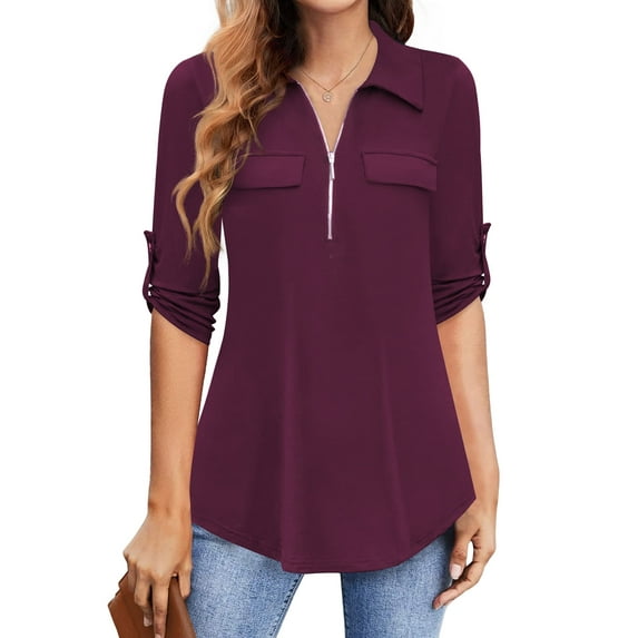 Traleubie Women's 3/4 Sleeve Collared Blouses Business Casual Zip Front V Neck Loose Fit Tunic Tops L-4XL