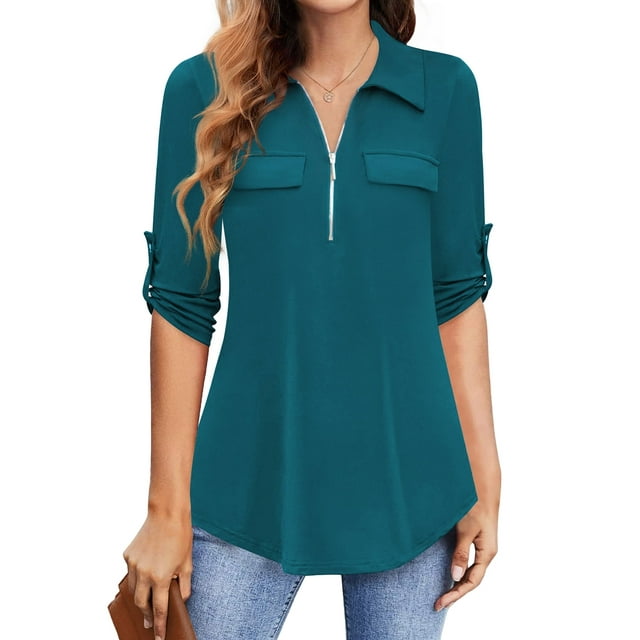 Traleubie Women's 3/4 Sleeve Collared Blouses Business Casual Zip Front V Neck Loose Fit Tunic Tops L-4XL