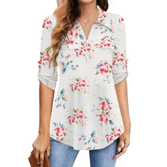 Traleubie Women's 3/4 Sleeve Collared Blouses Business Casual Zip Front V Neck Loose Fit Tunic Tops L-4XL