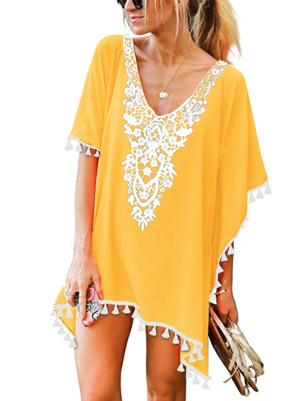 Traleubie Women's Crochet Chiffon Tassel Swimsuit Beach Bikini Cover