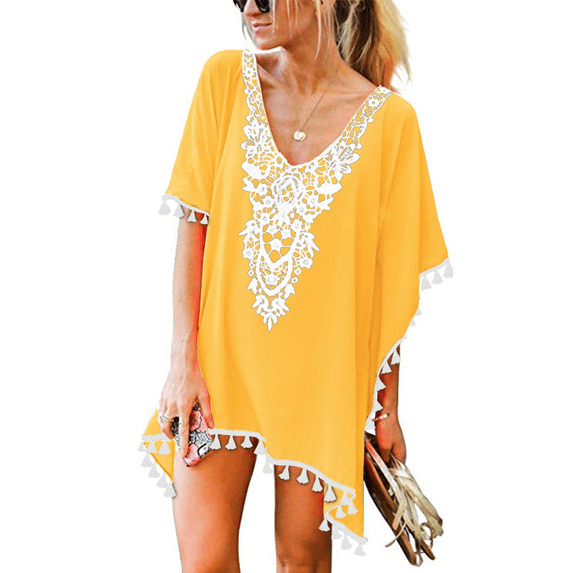 Traleubie Women's Crochet Chiffon Tassel Swimsuit Beach Bikini Cover ups for Swimwear of Female 2X