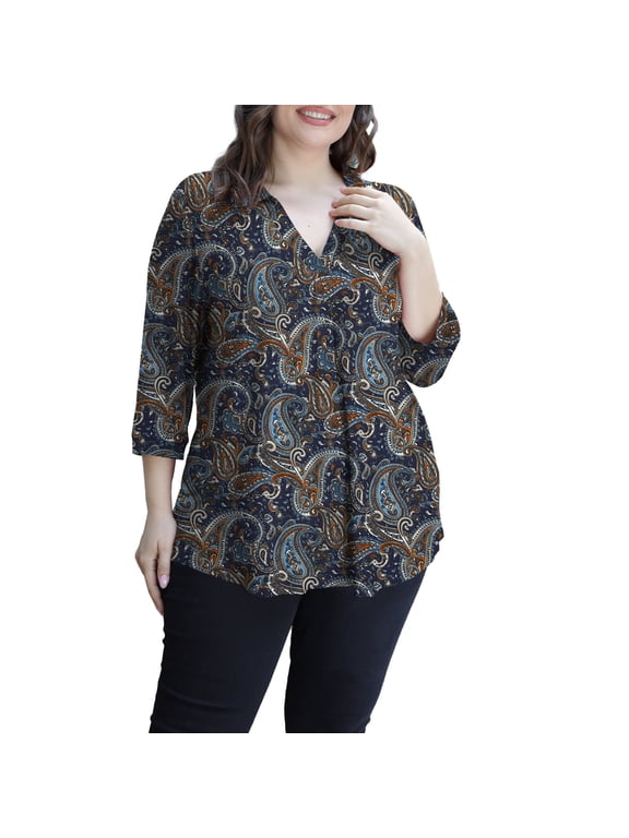 Women's Plus Size Shirts 3/4 Sleeve Floral Print Blouses V Neck Tunic Tops
