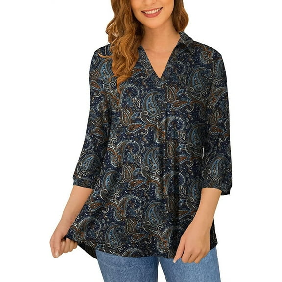 Traleubie Women's Plus Size Shirts 3/4 Sleeve Floral Print Blouses V Neck Tunic Tops