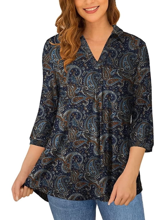 Women's Plus Size Shirts 3/4 Sleeve Floral Print Blouses V Neck Tunic Tops