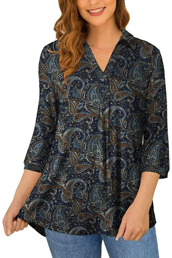 Women's Plus Size Shirts 3/4 Sleeve Floral Print Blouses V Neck Tunic Tops