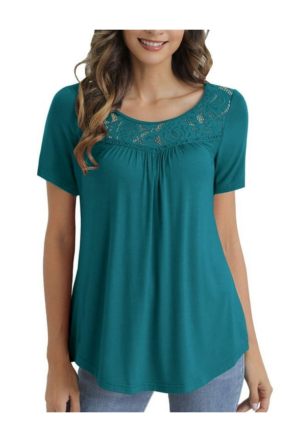 Women's Plus Size Short Sleeve Shirts Lace Pleated Tunic Tops m-4x