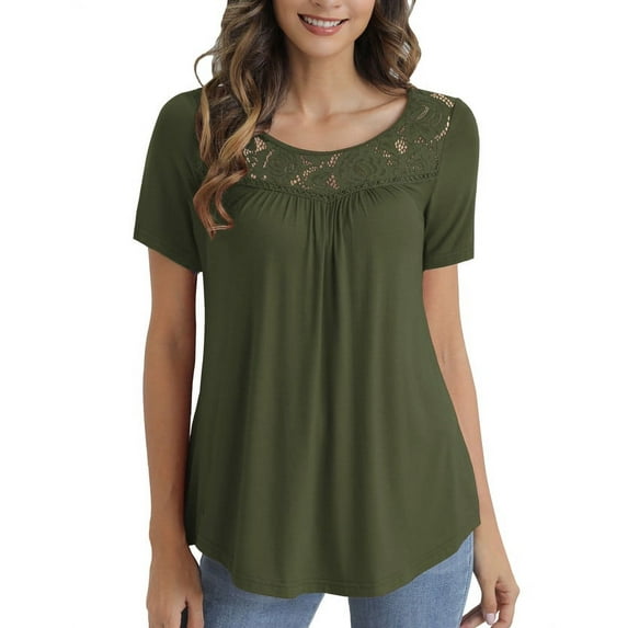 Traleubie Women's Plus Size Short Sleeve Shirts Lace Pleated Tunic Tops m-4x