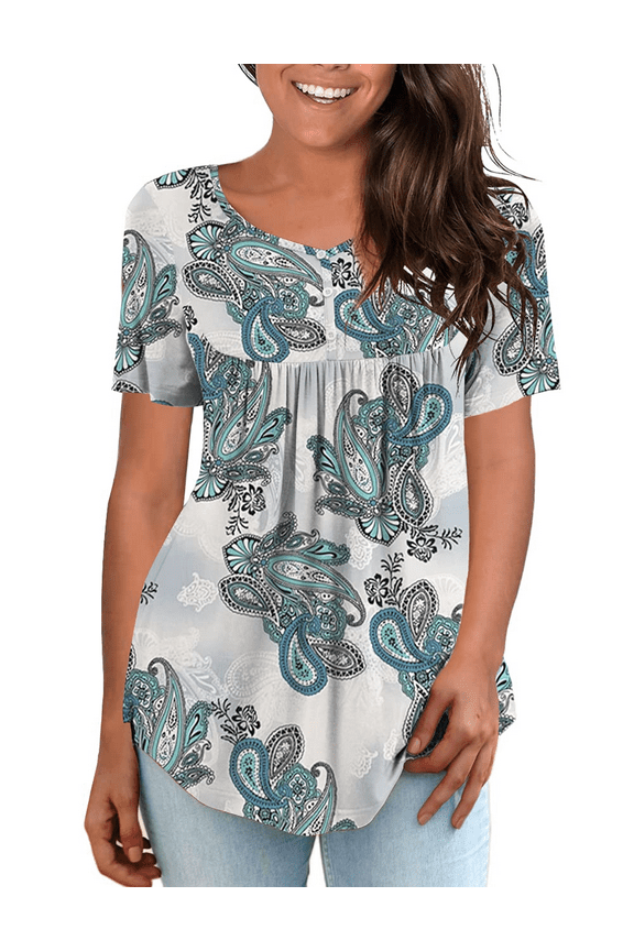 Women's Plus Size Short Sleeve Tops V-Neck Button Pleated Pleated Shirt m-4x