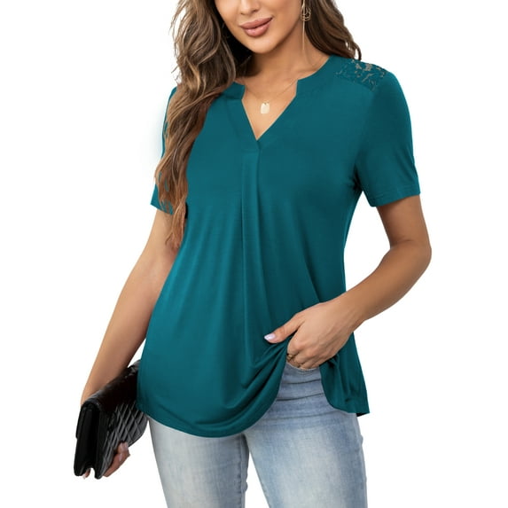 Traleubie Women's Plus Size Tops Short Sleeve Lace Pleated Summer Tunic Tops of Female m-4xl