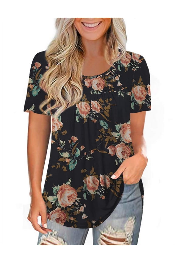 Women Plus Size Short Sleeve Tops Casual Lace Pleated Tunic Tops m-4x