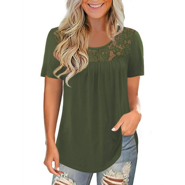 Traleubie Women Plus Size Short Sleeve Tops Casual Lace Pleated Tunic Tops m-4x