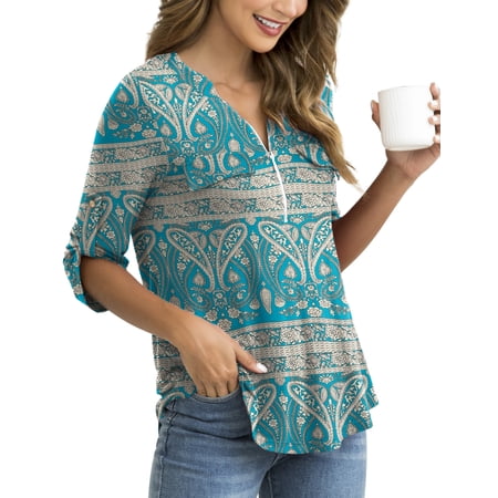 Traleubie Women's Plus Size Tops Zip Front V Neck 3/4 Sleeve Blouses Casual Tunic Shirts