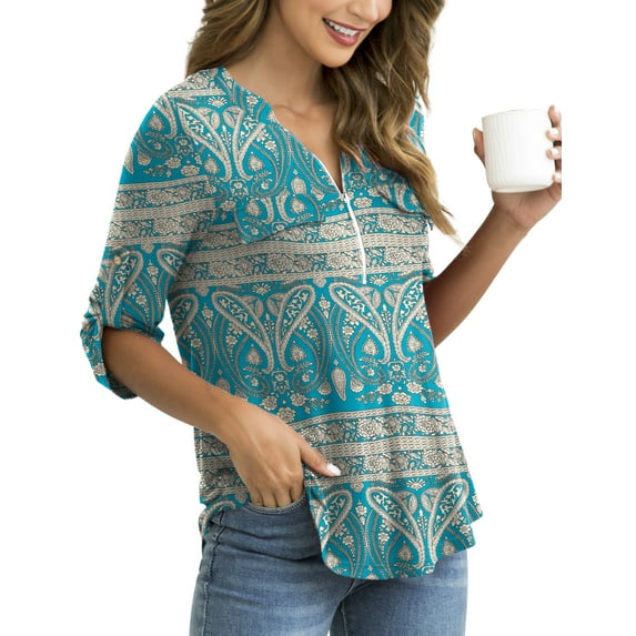 Traleubie Women's Plus Size Tops Zip Front V Neck 3/4 Sleeve Blouses Casual Tunic Shirts