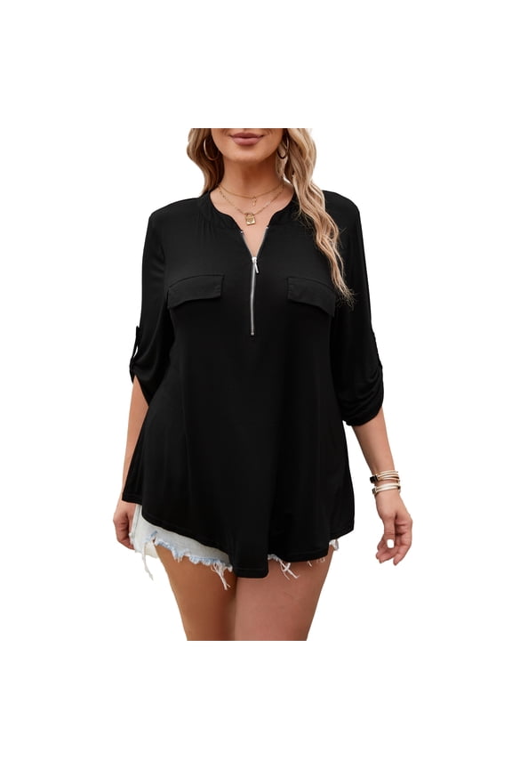 Women's Plus Size Tops Zip Front V Neck 3/4 Sleeve Blouses Casual Tunic Shirts