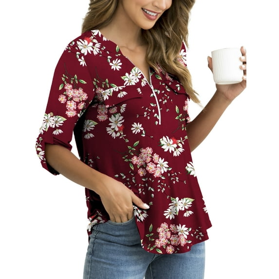 Traleubie Women's Plus Size Tops Zip Front V Neck 3/4 Sleeve Blouses Casual Tunic Shirts