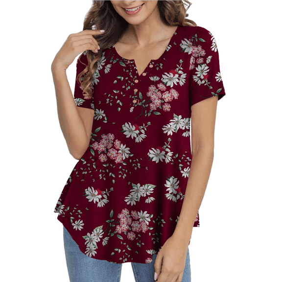 Traleubie Women's Plus Size Tunic Top Short Sleeve Henley T-Shirt Floral Casual Blouse for Female m-4x