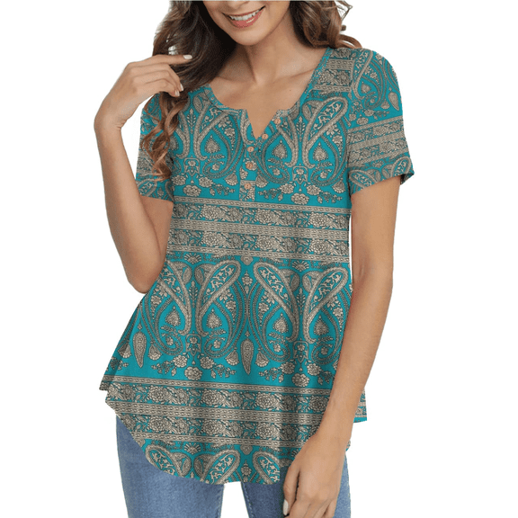 Traleubie Women's Plus Size Tunic Top Short Sleeve Henley T-Shirt Floral Casual Blouse for Female m-4x