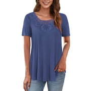 Traleubie Womens Short Sleeve Tunic Tops Lace Crochet Trim Pleated Tops Shirts of Female m-4x