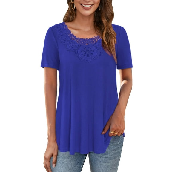 Traleubie Women's Short Sleeve Tunic Tops Lace Crochet Trim Pleated Tops Shirts of Female m-4x