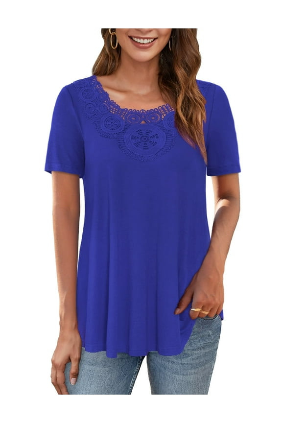 Women's Short Sleeve Tunic Tops Lace Crochet Trim Pleated Tops Shirts of Female m-4x