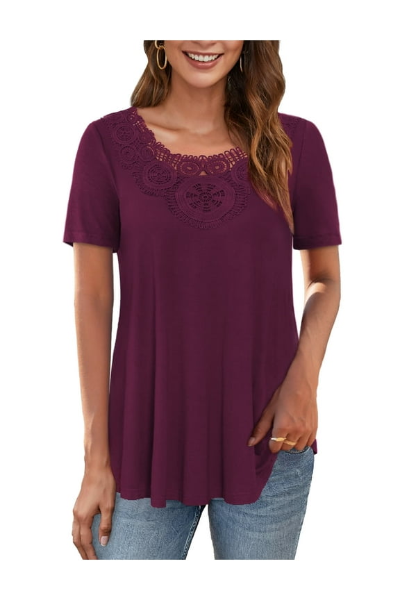Women's Short Sleeve Tunic Tops Lace Crochet Trim Pleated Tops Shirts of Female m-4x