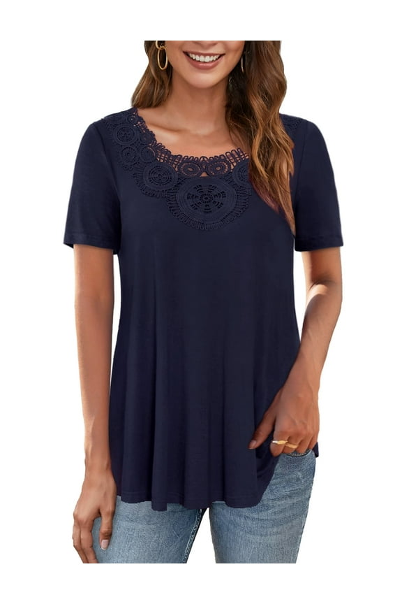 Women's Short Sleeve Tunic Tops Lace Crochet Trim Pleated Tops Shirts of Female m-4x