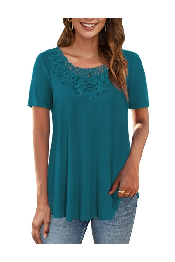 Women's Short Sleeve Tunic Tops Lace Crochet Trim Pleated Tops Shirts of Female m-4x