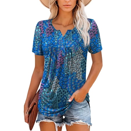 Traleubie Womens Plus Size Tunic Tops Short Sleeve Casual Floral Henley Shirts L-4XL