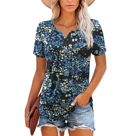 Traleubie Womens Plus Size Tunic Tops Short Sleeve Casual Floral Henley Shirts L-4XL
