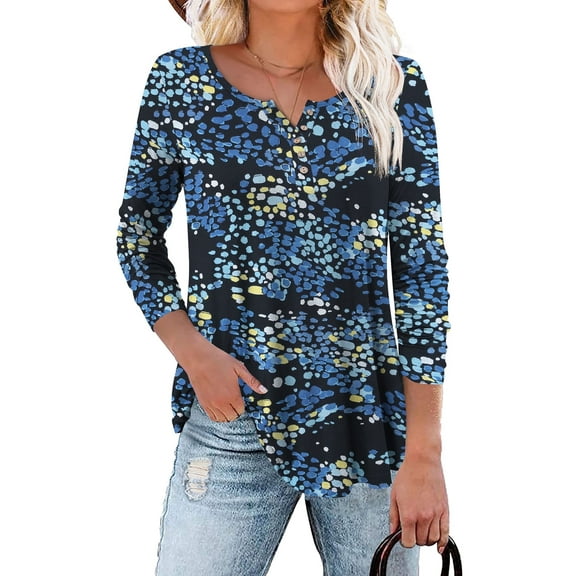 Traleubie Womens Plus Size Tunic Tops Wrap Shirts New Spring Autumn Casual Long Sleeve V Neck Botton Up Floral Henley Blouses for Leggings Loose Fit Flattering Tunic Tees Ruched Blouses Clothes L-4XL