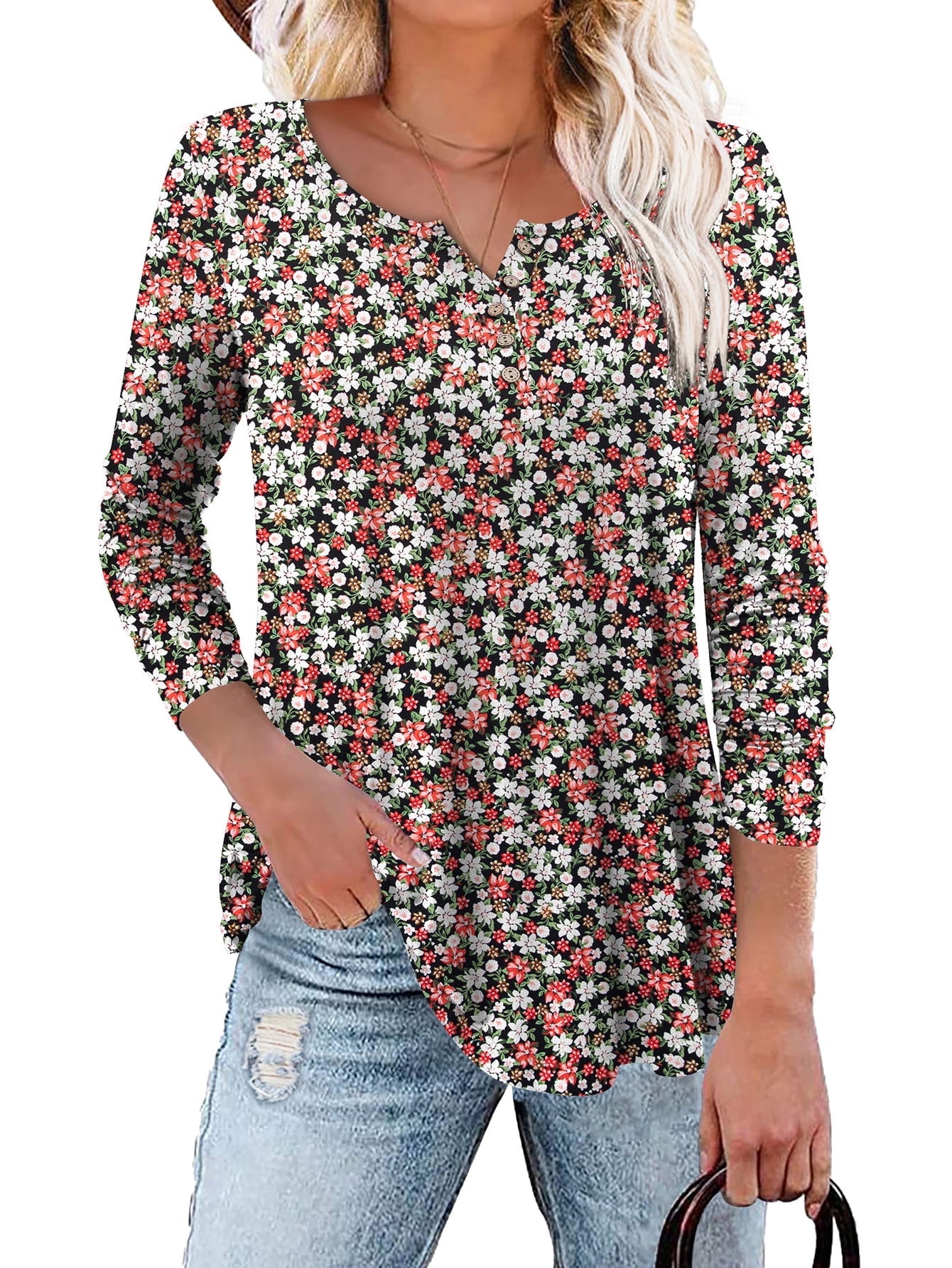 BeadChica Women's Tunic Top For Leggings - Short Sleeve Ruched Blouse, Blue Flower, Size L