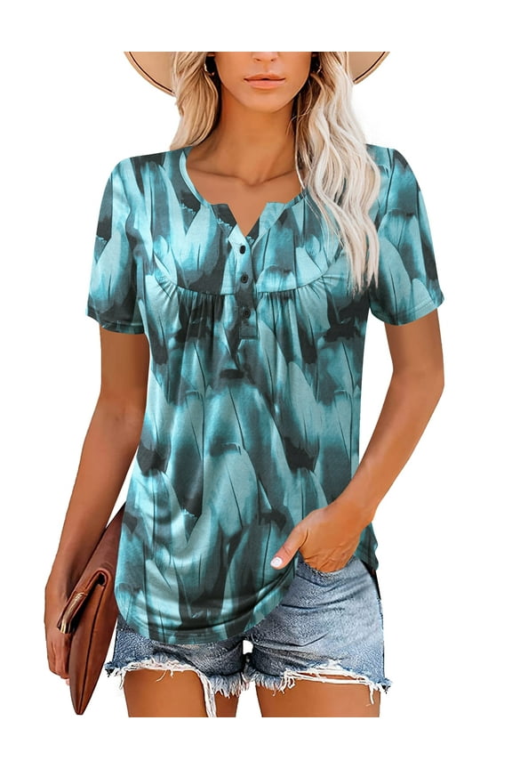 Womens Plus Size Tunic Tops Short Sleeve Casual Floral Henley Shirts L-4XL