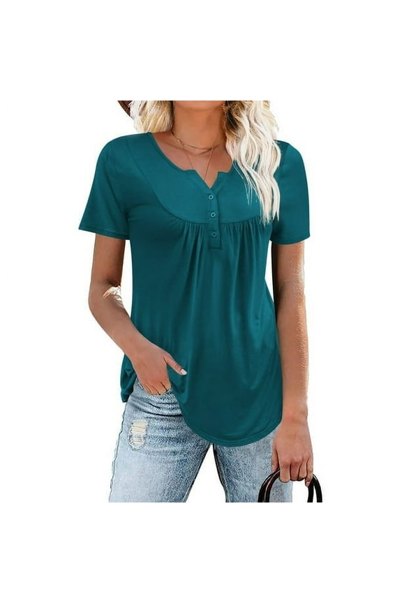 Womens Plus Size Tunic Tops Short Sleeve Casual Floral Henley Shirts M-4XL