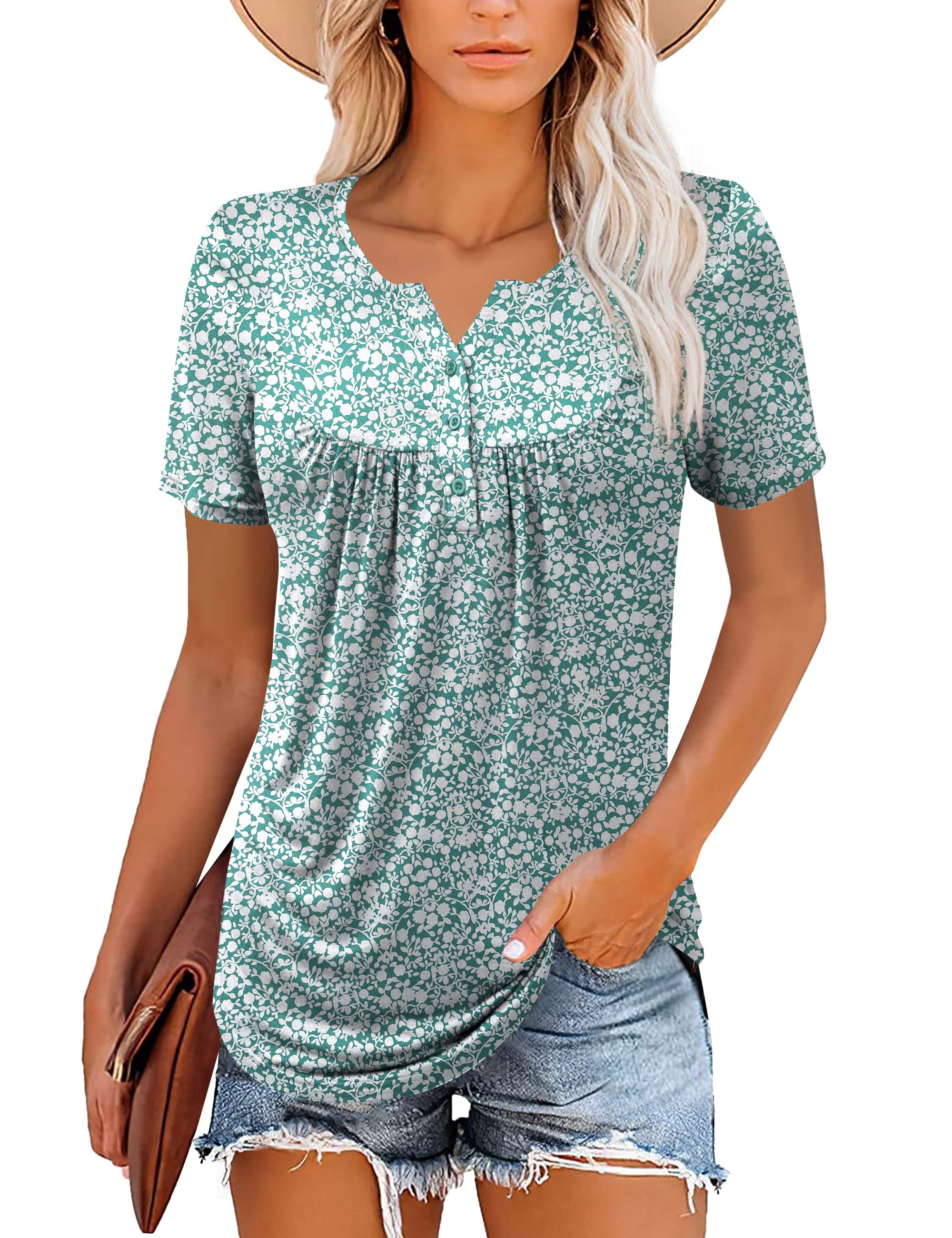 Traleubie Womens Plus Size Tunic Tops Short Sleeve Casual Floral Henley ...