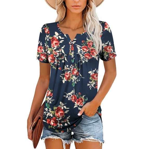 Traleubie Womens Plus Size Tunic Tops Short Sleeve Casual Floral Henley Shirts M-4XL