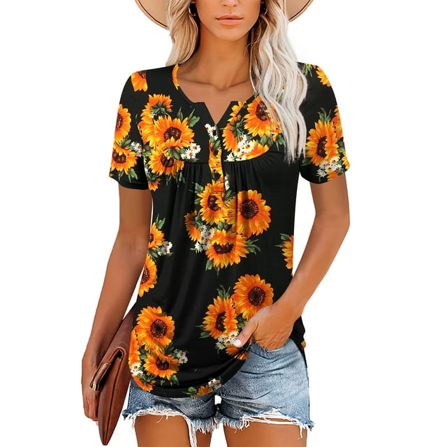 Traleubie Womens Plus Size Tunic Tops Short Sleeve Casual Floral Henley ...