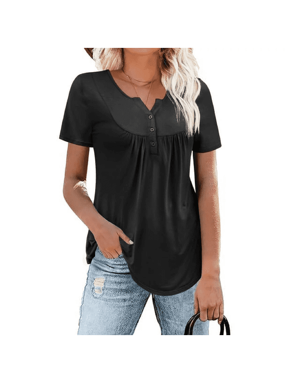 Womens Plus Size Tunic Tops Short Sleeve Casual Floral Henley Shirts M-4XL