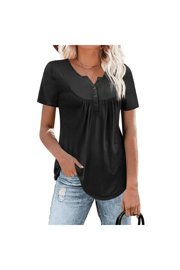 Womens Plus Size Tunic Tops Short Sleeve Casual Floral Henley Shirts M-4XL