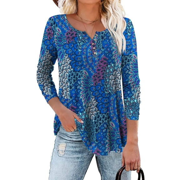 Traleubie Womens Plus Size Tunic Tops Wrap Shirts New Spring Autumn Casual Long Sleeve V Neck Botton Up Floral Henley Blouses for Leggings Loose Fit Flattering Tunic Tees Ruched Blouses Clothes L-4XL
