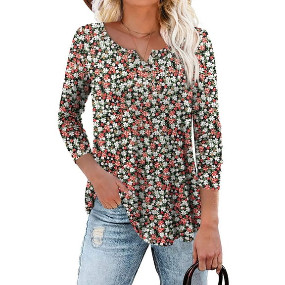 Traleubie Womens Plus Size Tunic Tops Wrap Shirts New Spring Autumn Casual Long Sleeve V Neck Botton Up Floral Henley Blouses for Leggings Loose Fit Flattering Tunic Tees Ruched Blouses Clothes L-4XL